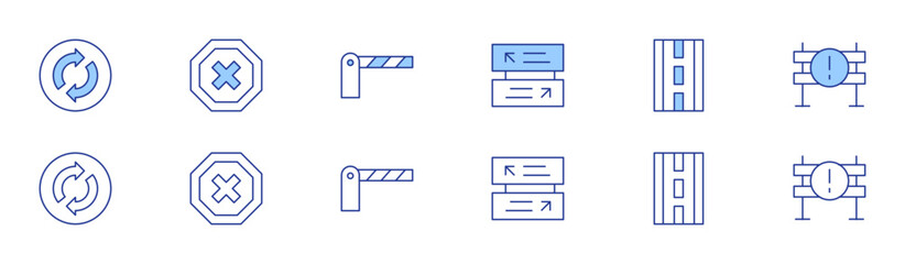 Road icon set in two styles, Duotone and Thin Line style. Editable stroke. roundabout, direction, road, stop, barrier, road barrier