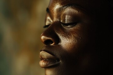 Wall Mural - Close-up shot of a woman's face with her eyes closed, suitable for use in portraits or personal stories