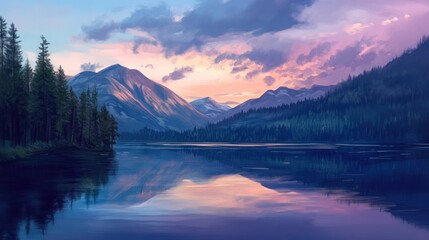  A serene landscape painting depicting a mountain range reflected in a still lake at sunset.
