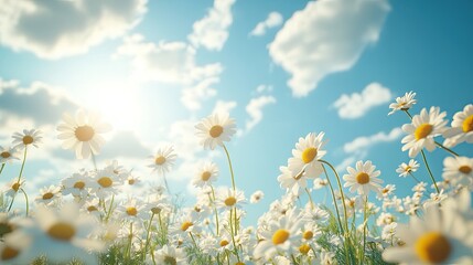 Wall Mural - Delicate chamomile flowers stretch towards the sky, bathed in warm sunlight with puffy clouds overhead, creating a perfect