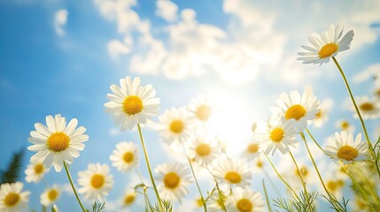 Wall Mural - Delicate chamomile flowers stretch towards the sky, bathed in warm sunlight with puffy clouds overhead, creating a perfect