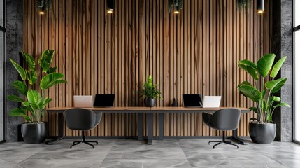 A table with two laptops placed in front of a wooden wall