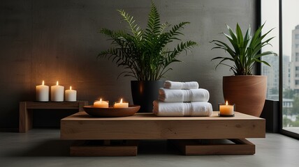 minimalist bathroom vanity with glowing candles soft towels and potted plant.