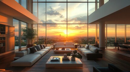 Sticker - Elegant modern living room bathed in the glow of a stunning sunset view through large windows, blending style and serenity