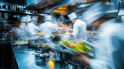 Sticker - Long exposure of a restaurant kitchen, with blurred motion of chefs cooking and preparing dishes, highlighting the speed and teamwork