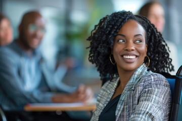 A woman sits comfortably in a chair with a warm and friendly smile, suitable for use in personal or professional settings