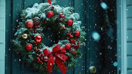 A close-up of a Christmas wreath with red ribbons and ornaments, hanging on a front door surrounded by snow