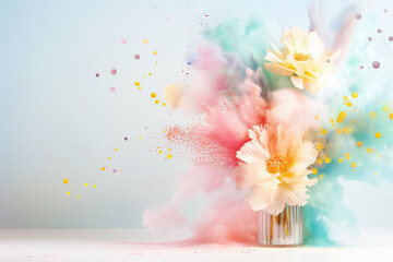 Wall Mural - A beautiful bouquet of flowers sits in a clear vase, surrounded by a colorful burst of powder, creating a stunning contrast against a light backdrop that inspires joy and creativity