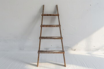 Wall Mural - A wooden ladder leaned against a white wall, simple and plain