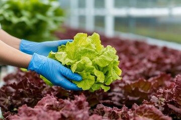 Wall Mural - Fresh lettuce being harvested in a greenhouse environment.