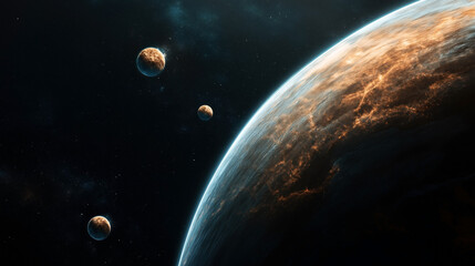 Wall Mural - futuristic space scene with large planet and three smaller celestial bodies in a dark starry backgro