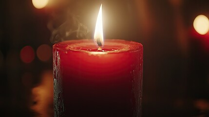 A close-up of a red candle burning in a dark room, casting a soft and warm glow