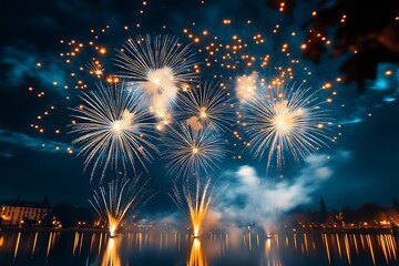 Poster - Fireworks display on a dark blue sky background. New Year celebration concept.  : Generative AI