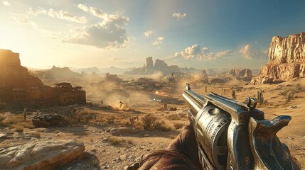 A man is holding a gun in a desert