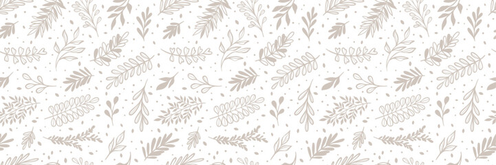 Wall Mural - autumn leaf pattern banner, seamless repeating minimalist print, white and brown cover design, endle