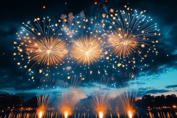 Poster - Fireworks display on a dark blue sky background. New Year celebration concept.  : Generative AI