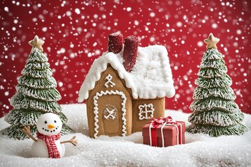 Poster - Three small Christmas trees, a gingerbread house, and a snowman : Generative AI