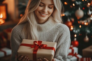 Blonde woman opening a Christmas present box in the living room : Generative AI