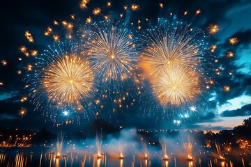 Poster - Fireworks display on a dark blue sky background. New Year celebration concept.  : Generative AI