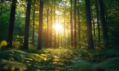 Poster - A serene forest setting with sunlight filtering through tall trees, creating a peaceful and inviting atmosphere.