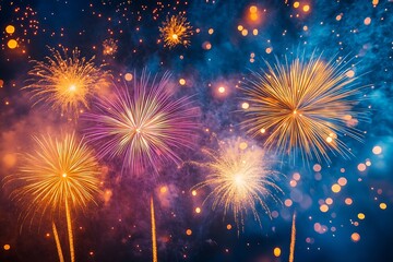 Aufkleber - Fireworks display on a dark blue sky background.  : Generative AI