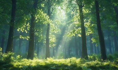 Poster - A serene forest scene with sunlight filtering through lush green foliage, creating a tranquil and dreamy atmosphere.