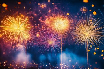 Aufkleber - Fireworks display on a dark blue sky background.  : Generative AI