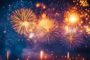 Poster - Fireworks display on a dark blue sky background. : Generative AI