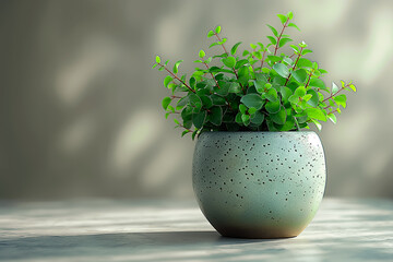 Poster - A captivating potted plant displays an array of bright green leaves, radiating freshness and vitality on a minimalistic background, inviting tranquility and harmony