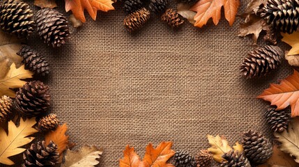 Fall foliage and pine cones surrounding a burlap background