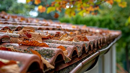 Dry leaves collect on a roof during fall