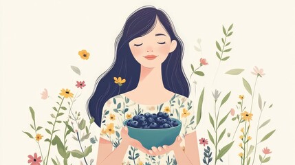 Wall Mural - Summer Delight - Minimalistic Graphic Movie Poster with Woman Holding Blueberries and Flowers, Vibrant Colors and Nature Vibes on White Background