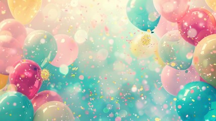 Whimsical Birthday Background with Colorful Floating Balloons and Glittering Confetti