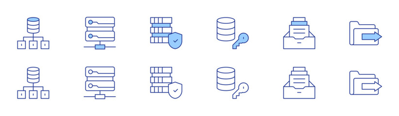 Data icon set in two styles, Duotone and Thin Line style. Editable stroke. data network, data encryption, data server, data protection, folder, send