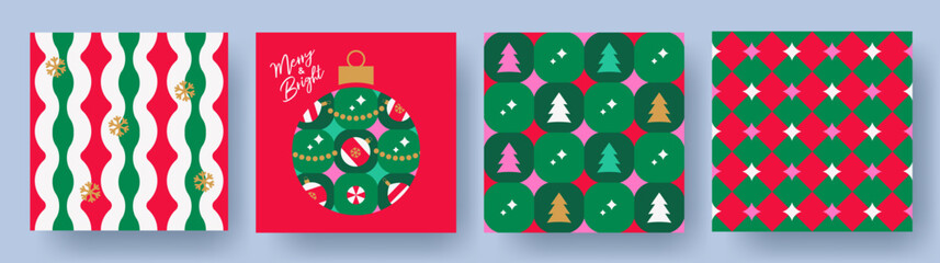 Wall Mural - set of holiday xmas seamless pattern with christmas tree, toys, snowflakes in trendy geometric style