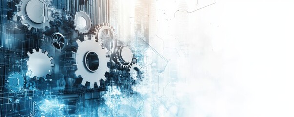 Wall Mural - Futuristic technology background with gears and digital elements in light gray and blue hues