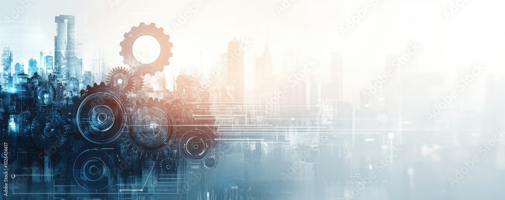 Futuristic gears and cogs in a light gray and blue digital concept ...