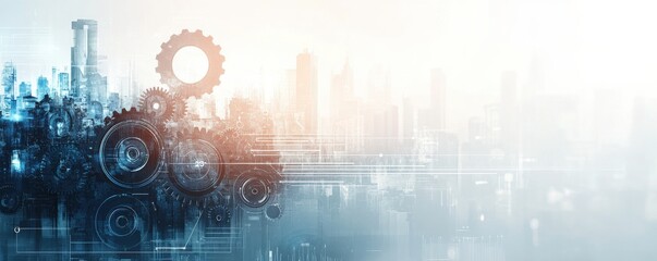 futuristic gears and cogs in a light gray and blue digital concept background with technology themes