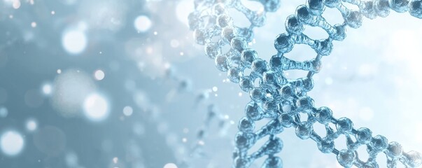 Wall Mural - dna double helix structure on a soft blue gradient background with floating molecular bubbles