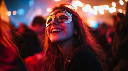 A teenage girl laughs happily wearing a mask during a festival