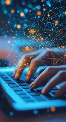 Wall Mural - close-up of hands typing on a laptop keyboard with digital data overlay representing technology and 