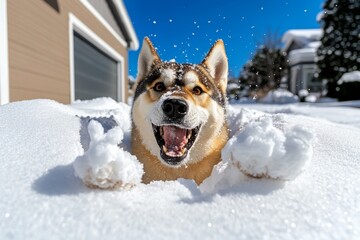 Wall Mural - Alaskan Malamute digging in the snow, its powerful paws throwing snow into the air, with an expression of pure joy on its face