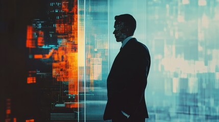 Sticker - A man in business attire stands by a glass window, with a digital glitch effect overlaying his silhouette, suggesting themes of technology and data.