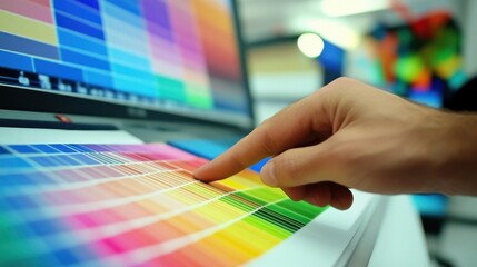 designers hand is selecting colors from vibrant palette displayed on computer screen, showcasing cre