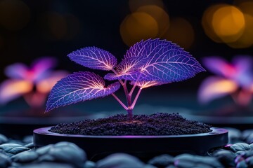 Digital garden with holographic purple dead-nettle, where the plants change colors and shapes based on the userâ€™s preferences, blending organic nature with advanced technology