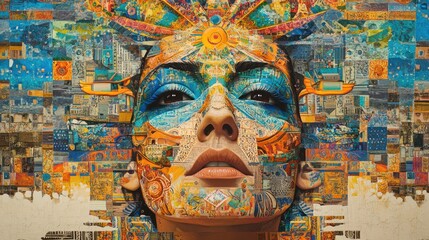 A stunning portrait that showcases a woman adorned with elaborate patterns and vibrant colors, highlighting cultural art