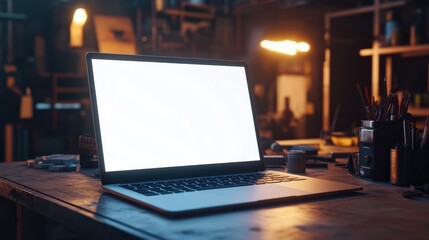 Canvas Print - Close up background image of opened laptop with blank white screen on table in workshop, copy space, Generative AI