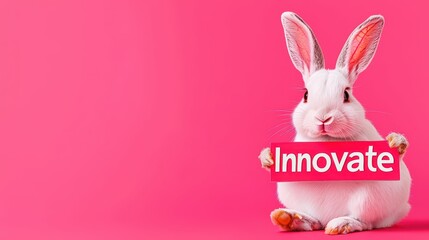 A cute white rabbit holding an 'Innovate' sign against a vibrant pink background.