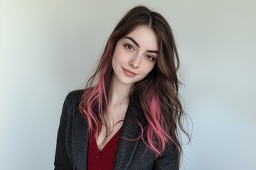 Wall Mural - Woman with Long Brown Hair and Pink Highlights Smiling on a White Background. Generative AI.