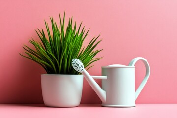 Aufkleber - Outline of a watering can and a potted plant, with clean, simple lines on a soft pastel background, capturing the essence of gardening in a minimalist style